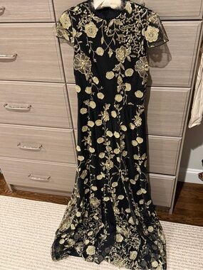 Alice + Olivia Black Maxi Dress with Gold Floral Embroidery